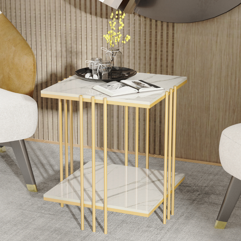 2 tier square marble top side table white gold front view Australia