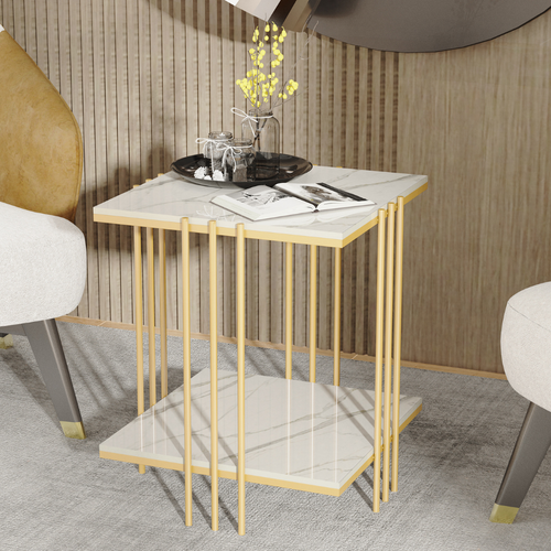 2 tier square marble top side table white gold front view Australia