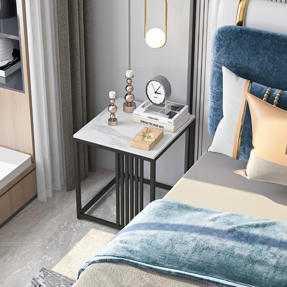 Minimalism Marble Stone Side Table White Top Black Frame