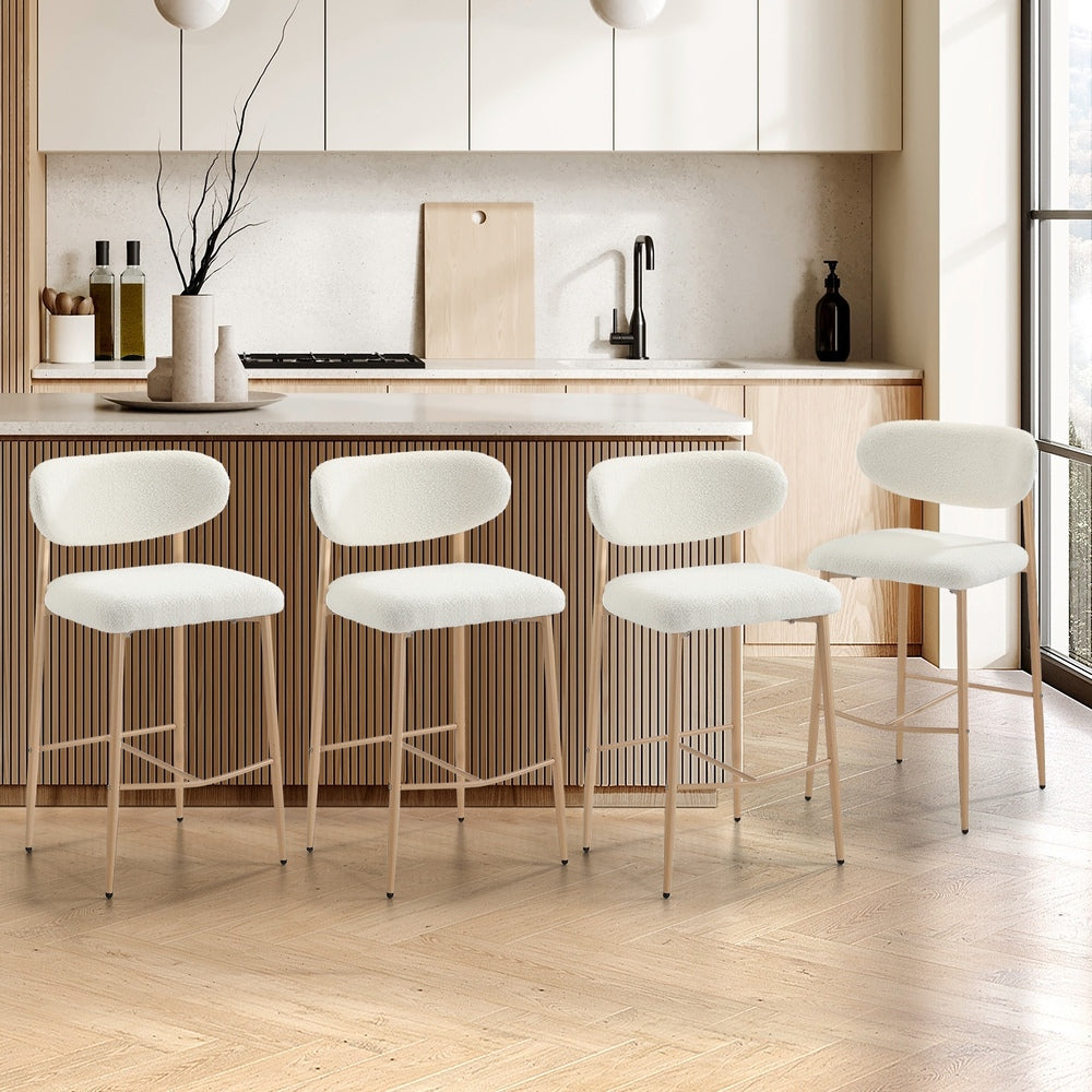 Set of 4 Natural White Boucle Fabric Bar Stools