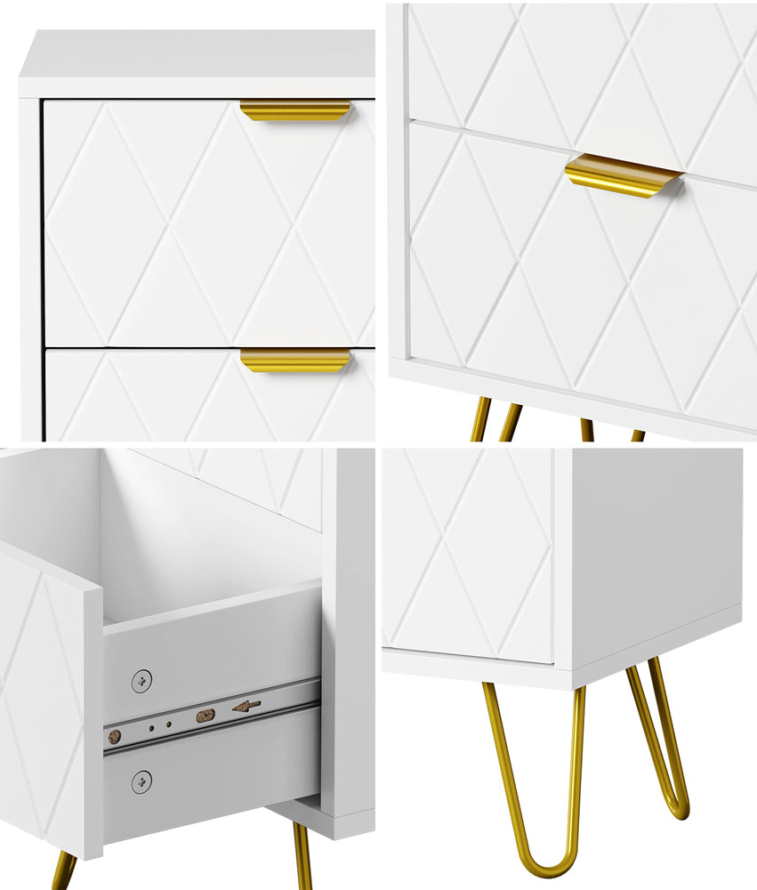 White and Gold Metal Bedside Table Nightstand with Two Drawers