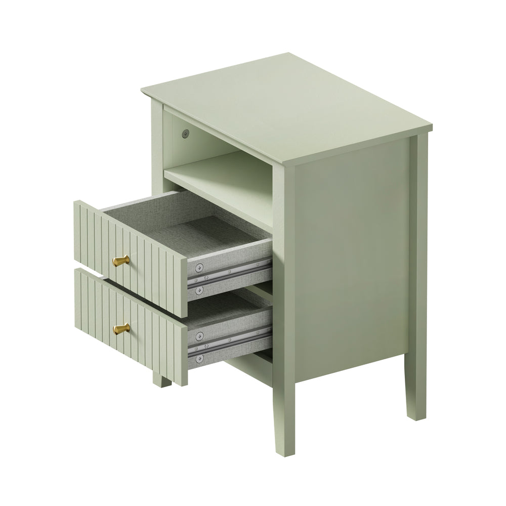 Green Bedside Table Nightstand with 2 Drawers and Storage Cabinet