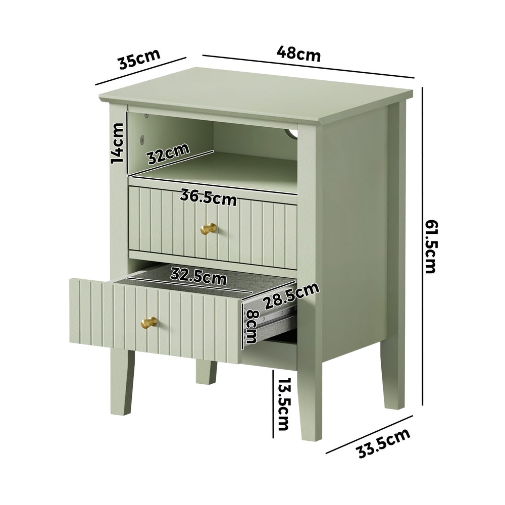 Green Bedside Table Nightstand with 2 Drawers and Storage Cabinet