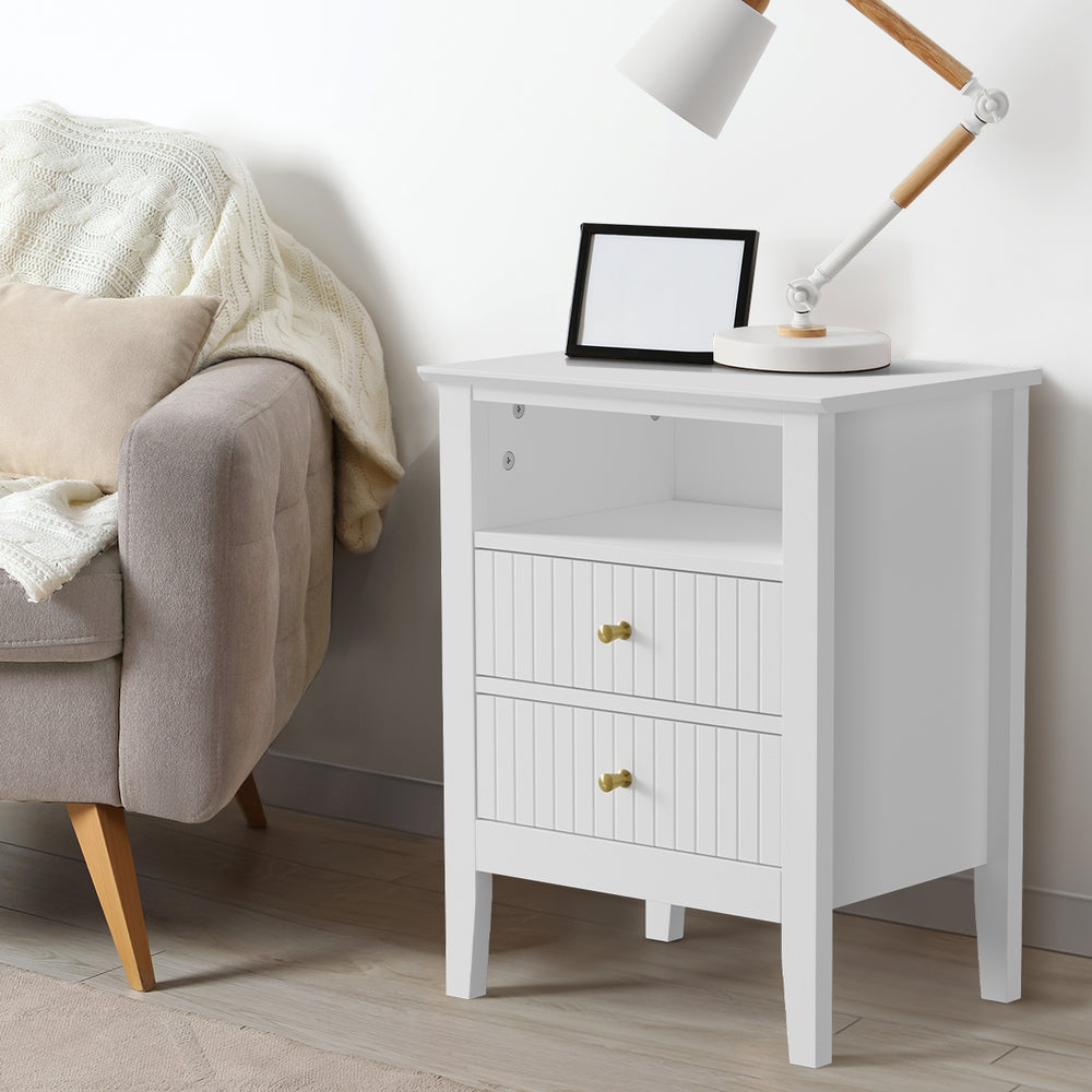 White Bedside Table Nightstand with 2 Drawers and Storage Cabinet