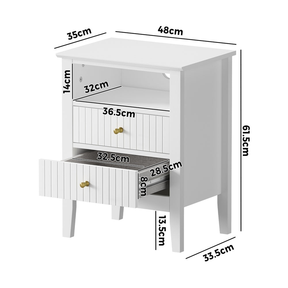 White Bedside Table Nightstand with 2 Drawers and Storage Cabinet