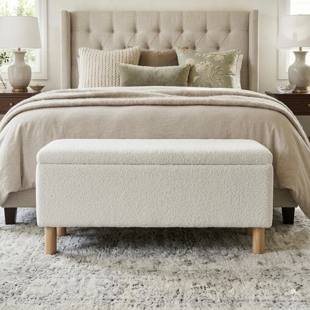 Designer Storage Wood & White Bouclé Ottoman
