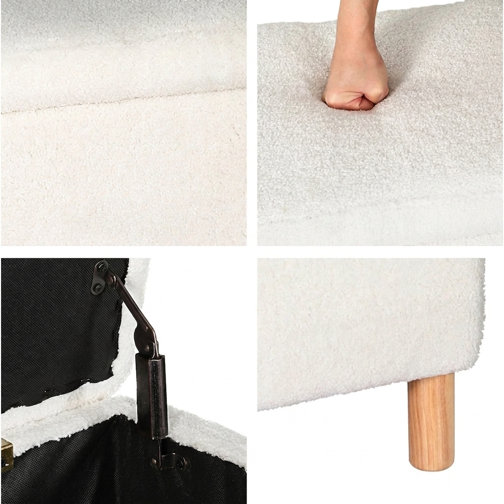 Designer Storage Wood & White Bouclé Ottoman