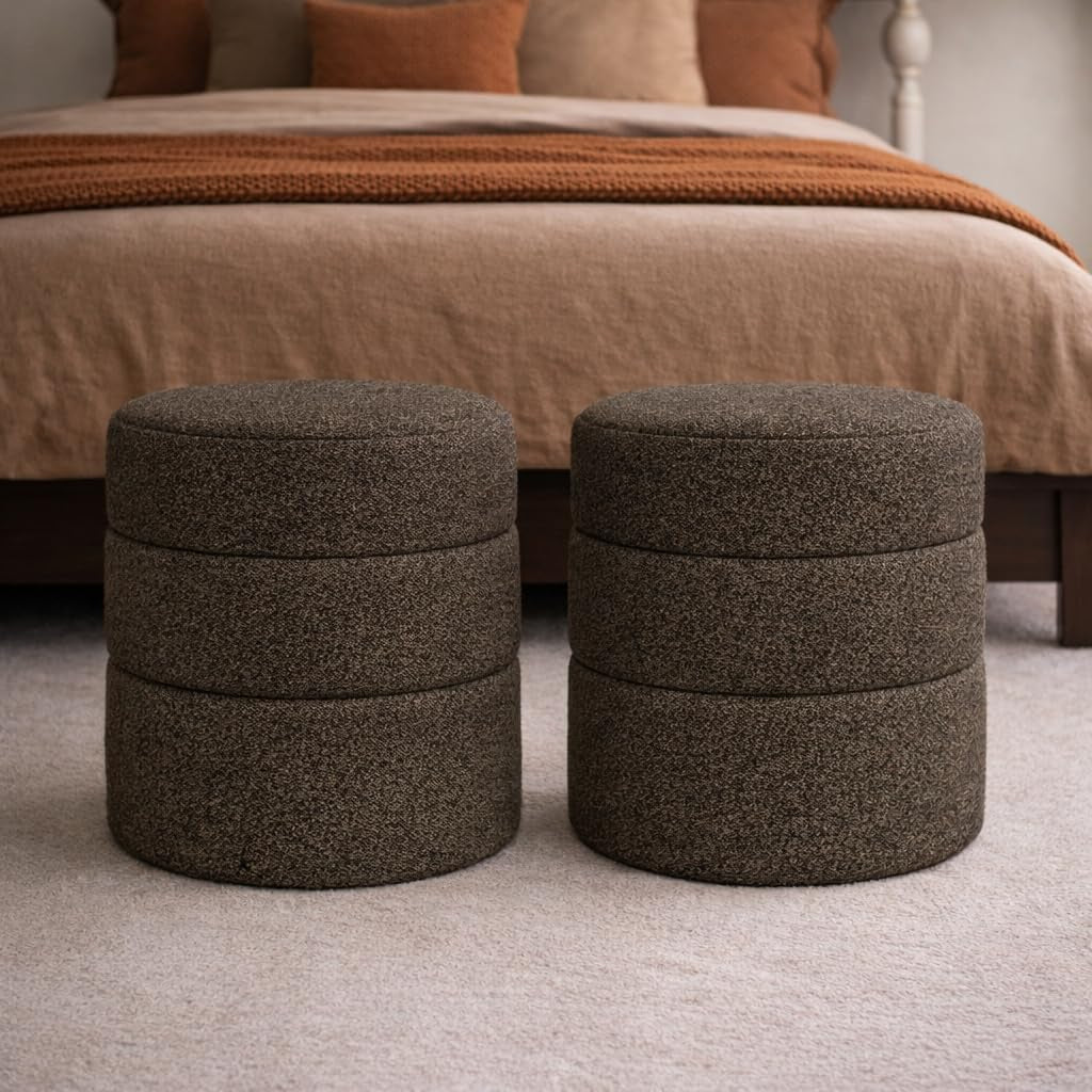 Dark Brown Boucle Round Ottoman Footrest Upholstered