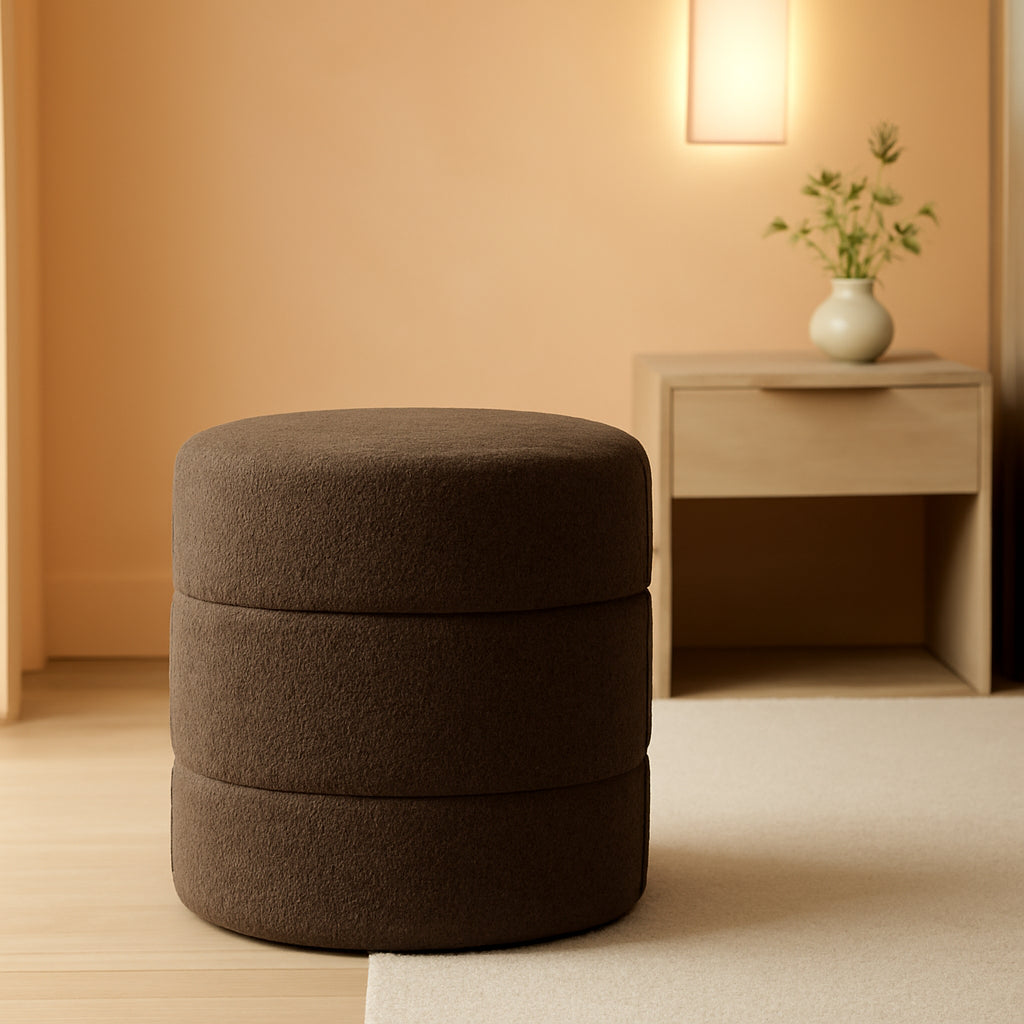 Dark Brown Boucle Round Ottoman Footrest Upholstered