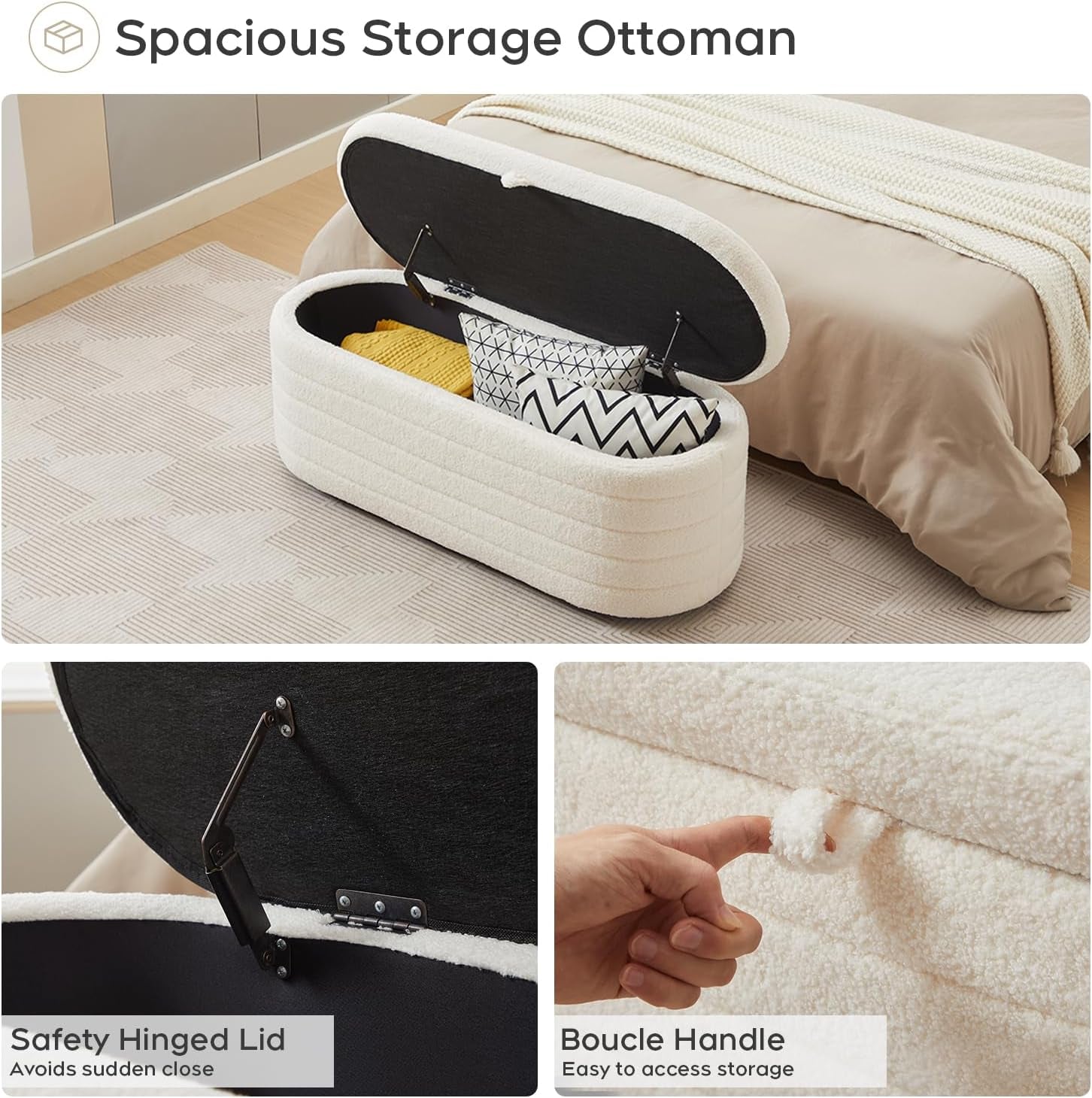 Storage Ottoman Bench Boucle Upholstery Fabric