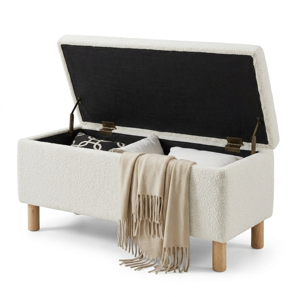 Designer Storage Wood & White Bouclé Ottoman