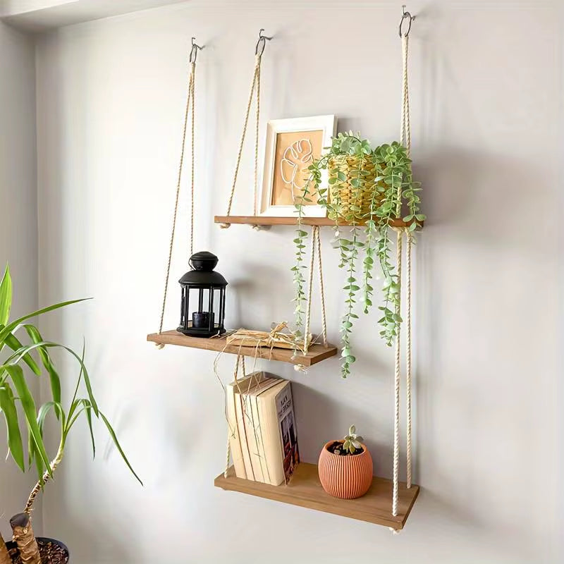 3-Tier Adjustable Wall-Mounted Hanging Shelves – Multi-Functional Macrame Floating Shelves for Plants, Living Room & Bedroom Déc
