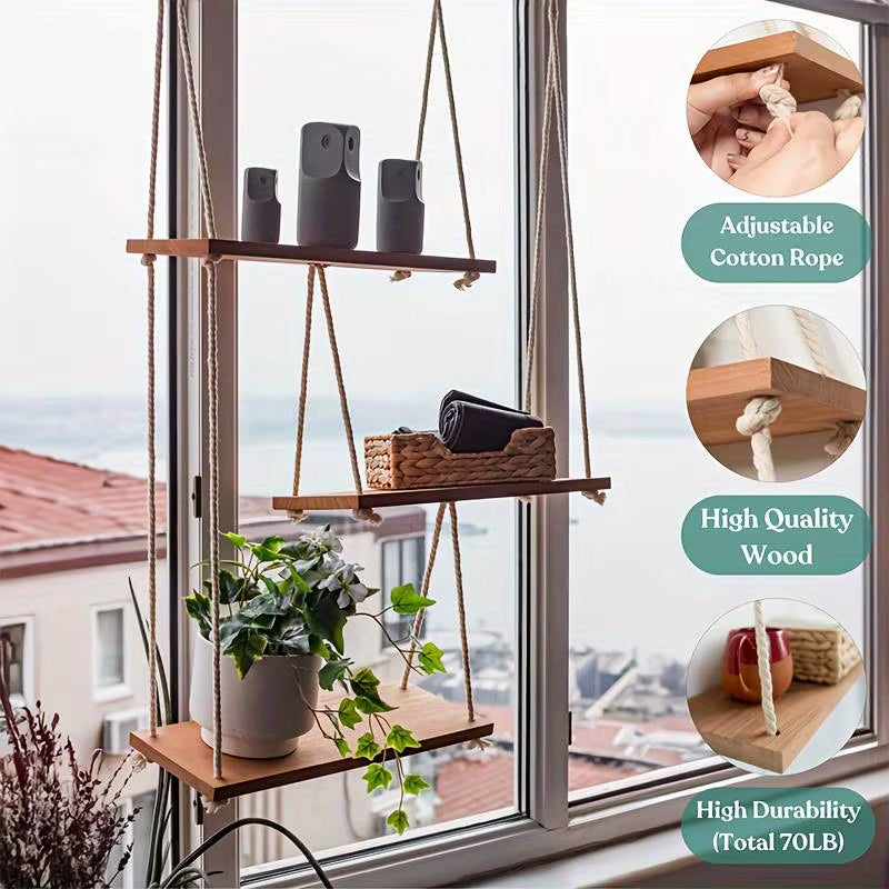 3-Tier Adjustable Wall-Mounted Hanging Shelves – Multi-Functional Macrame Floating Shelves for Plants, Living Room & Bedroom Déc