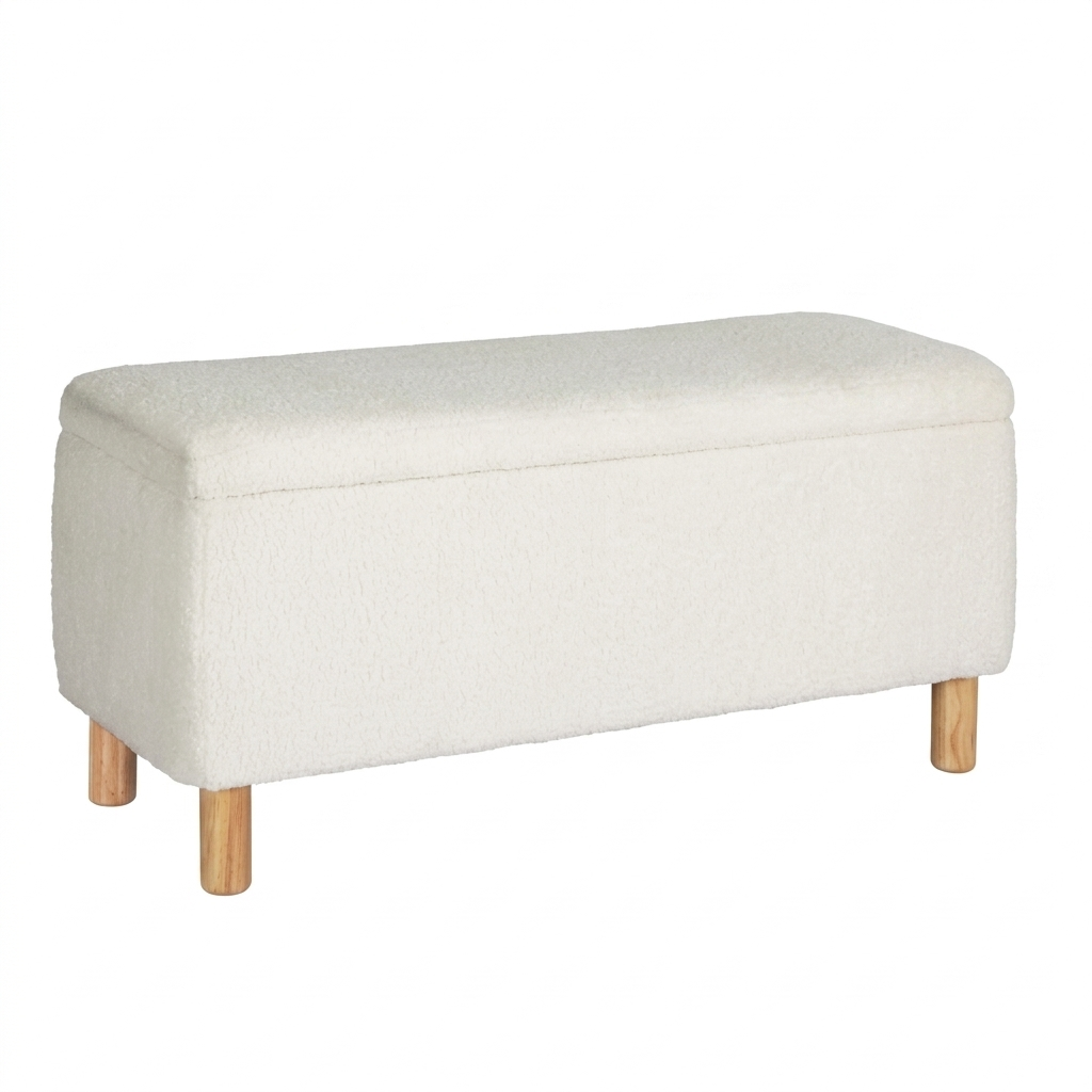 Designer Storage Wood & White Bouclé Ottoman