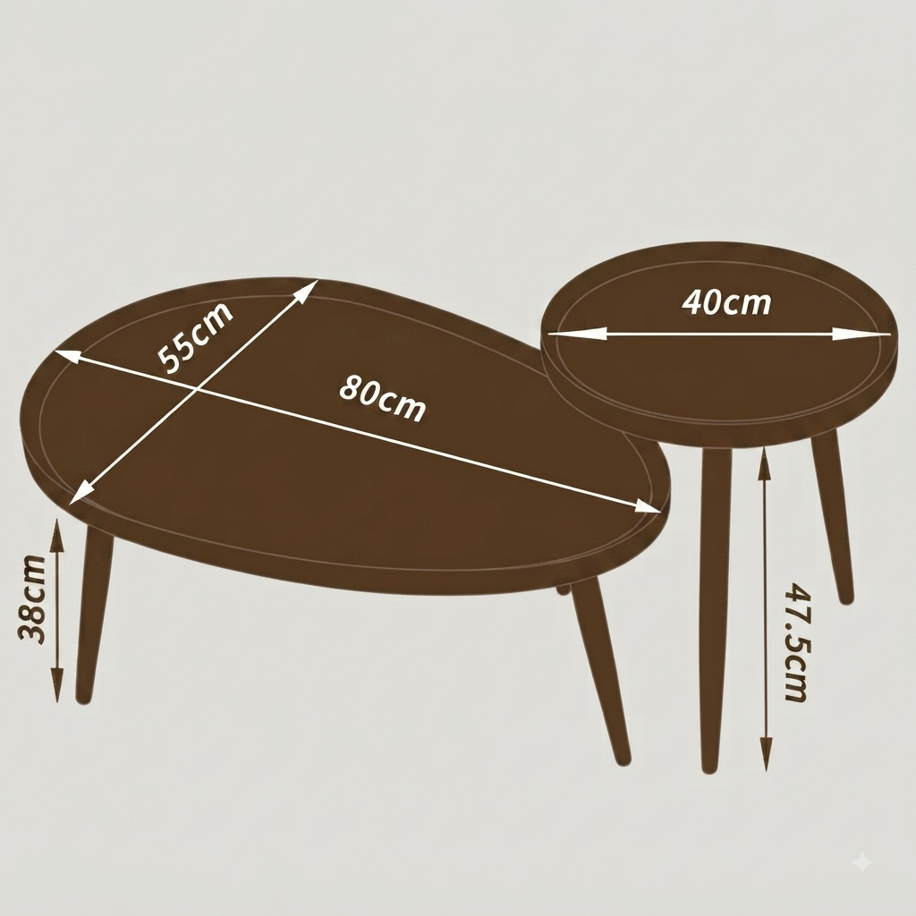 A brown nesting coffee table set with dimension labels showing the dimensions of both tables on a light gray background.