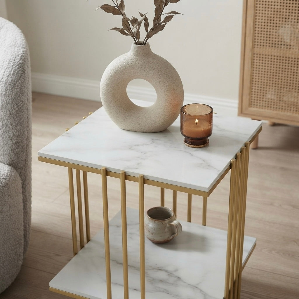 2 tier marble side table gold frame bedroom styling