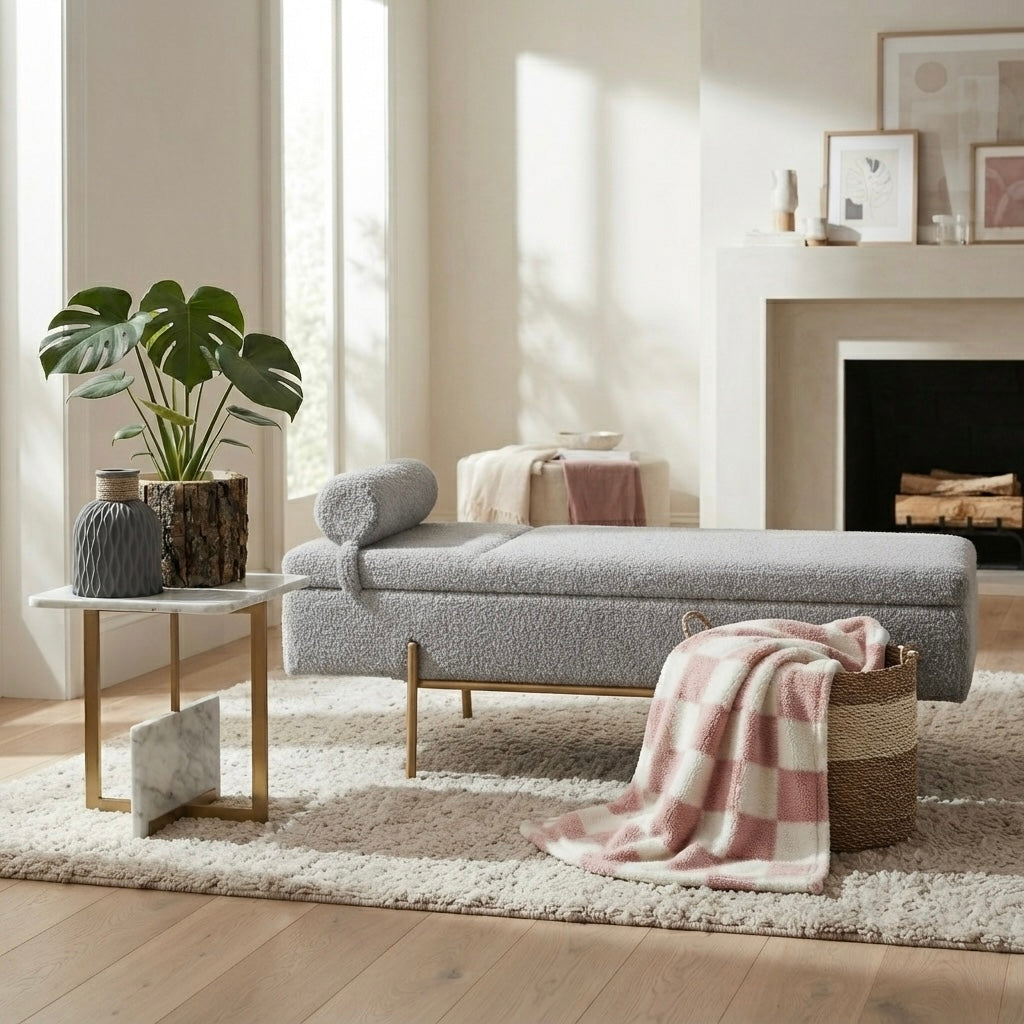 Designer Gold & White Bouclé Storage Ottoman with Pillow