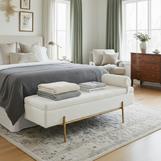 Designer Gold & White Bouclé Storage Ottoman with Pillow