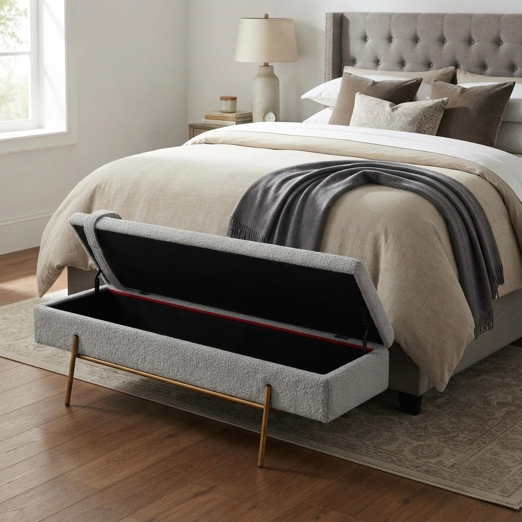 Designer Gold & White Bouclé Storage Ottoman with Pillow