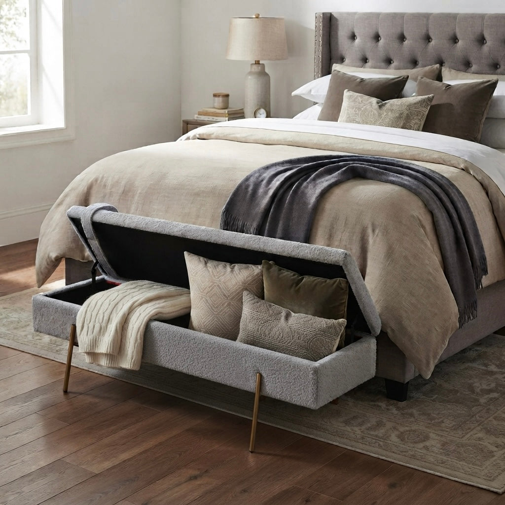 Designer Gold & White Bouclé Storage Ottoman with Pillow
