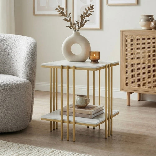 	2 tier square marble top side table gold white Australia