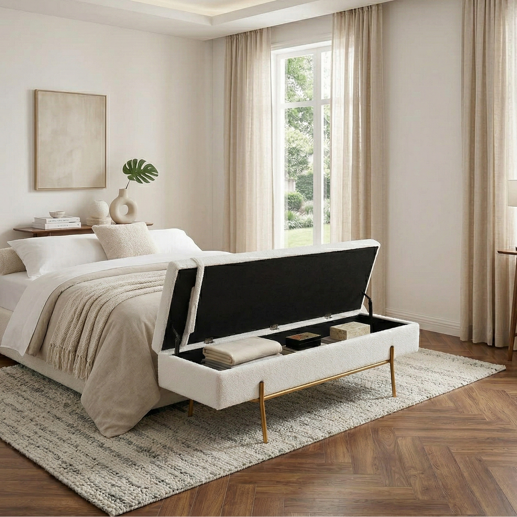 Designer Gold & White Bouclé Storage Ottoman with Pillow