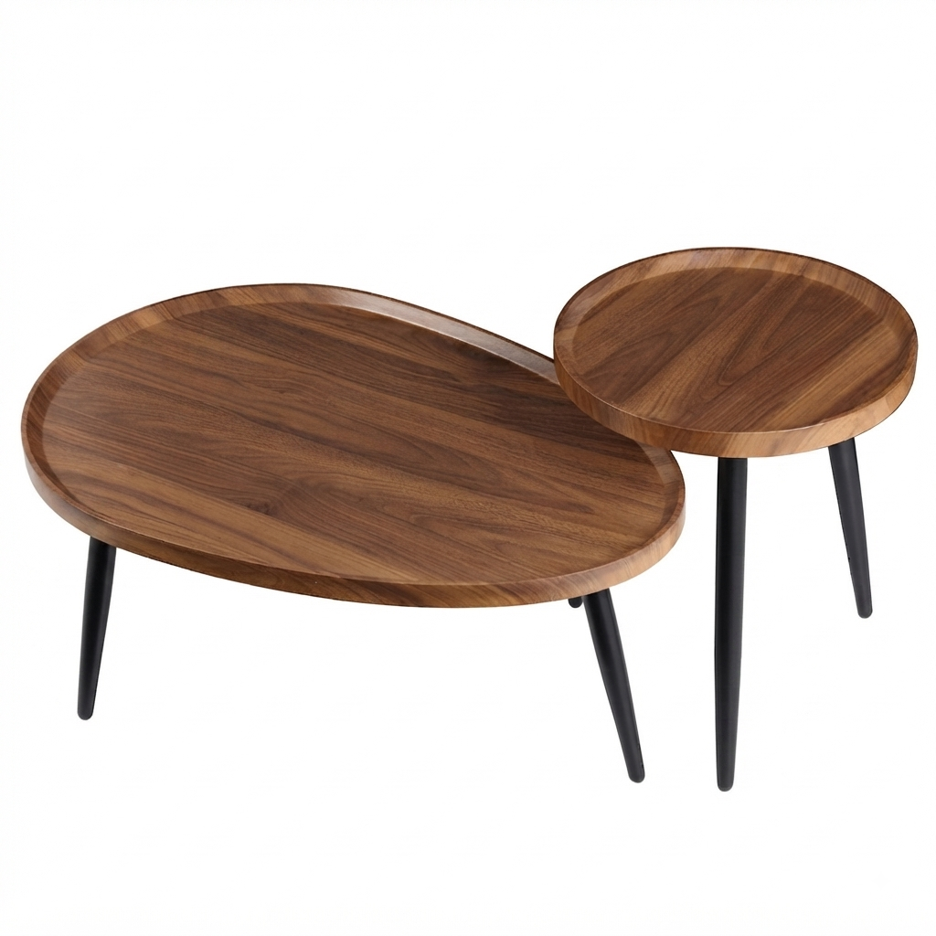 Two nested oval nesting coffee tables made of medium brown wood with black tapered legs, shown on a plain white background.