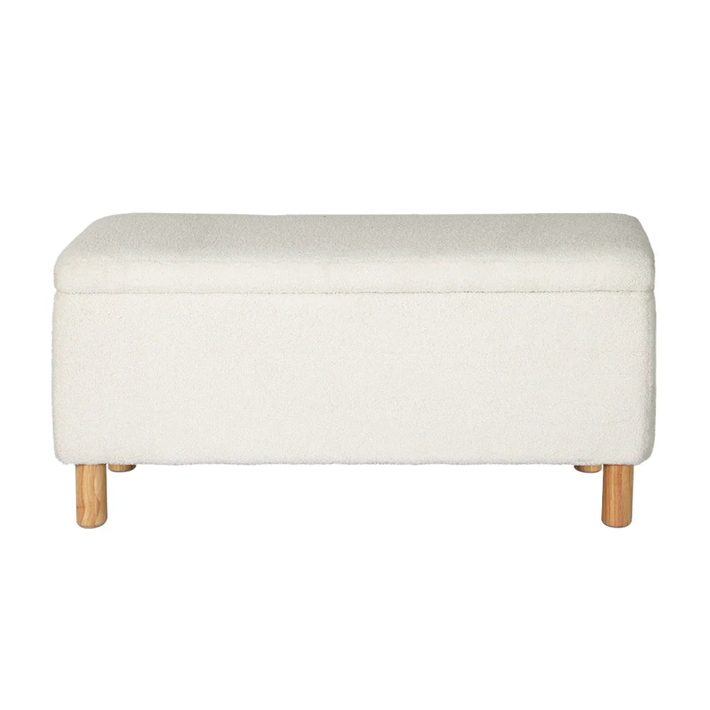 Designer Storage Wood & White Bouclé Ottoman