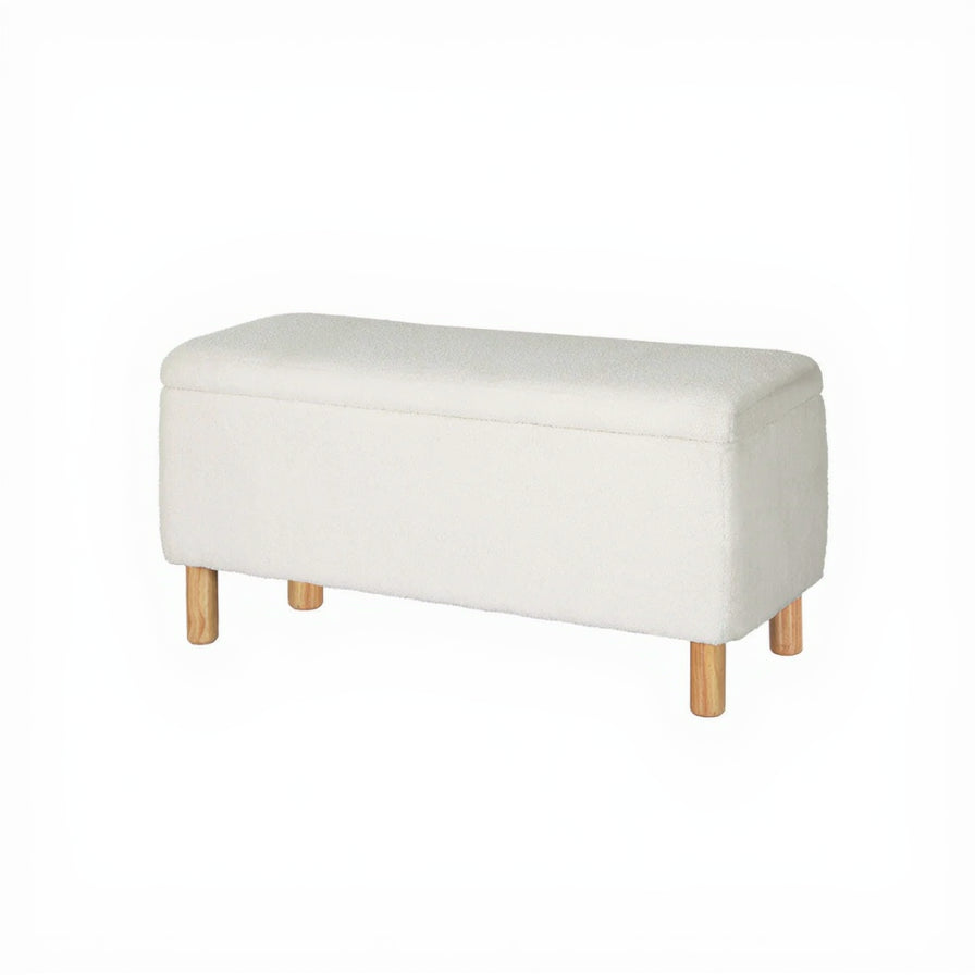 Designer Storage Wood & White Bouclé Ottoman