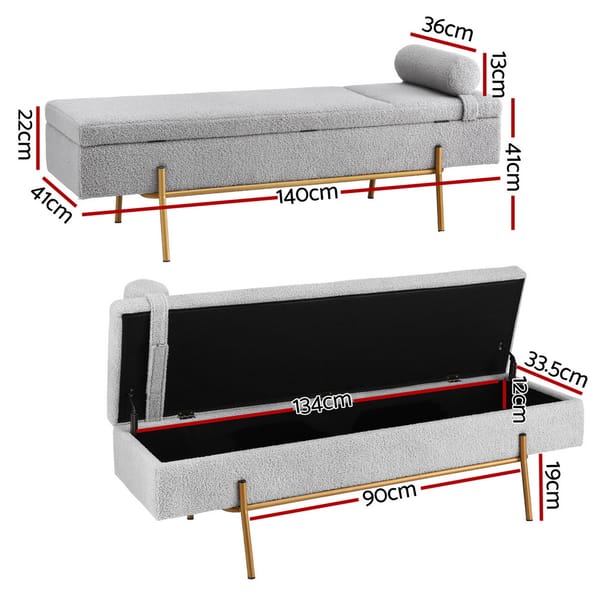 Designer Gold & White Bouclé Storage Ottoman with Pillow