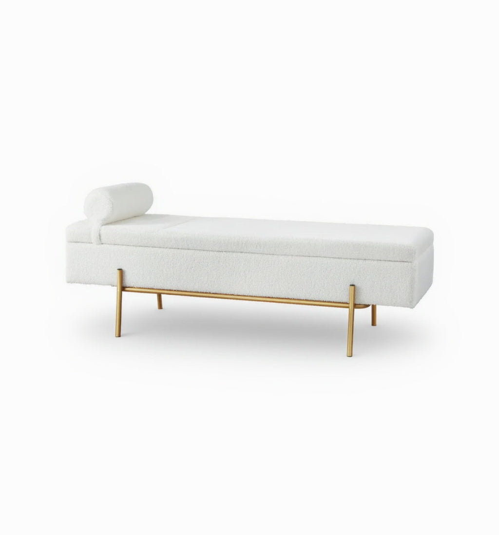 Designer Gold & White Bouclé Storage Ottoman with Pillow