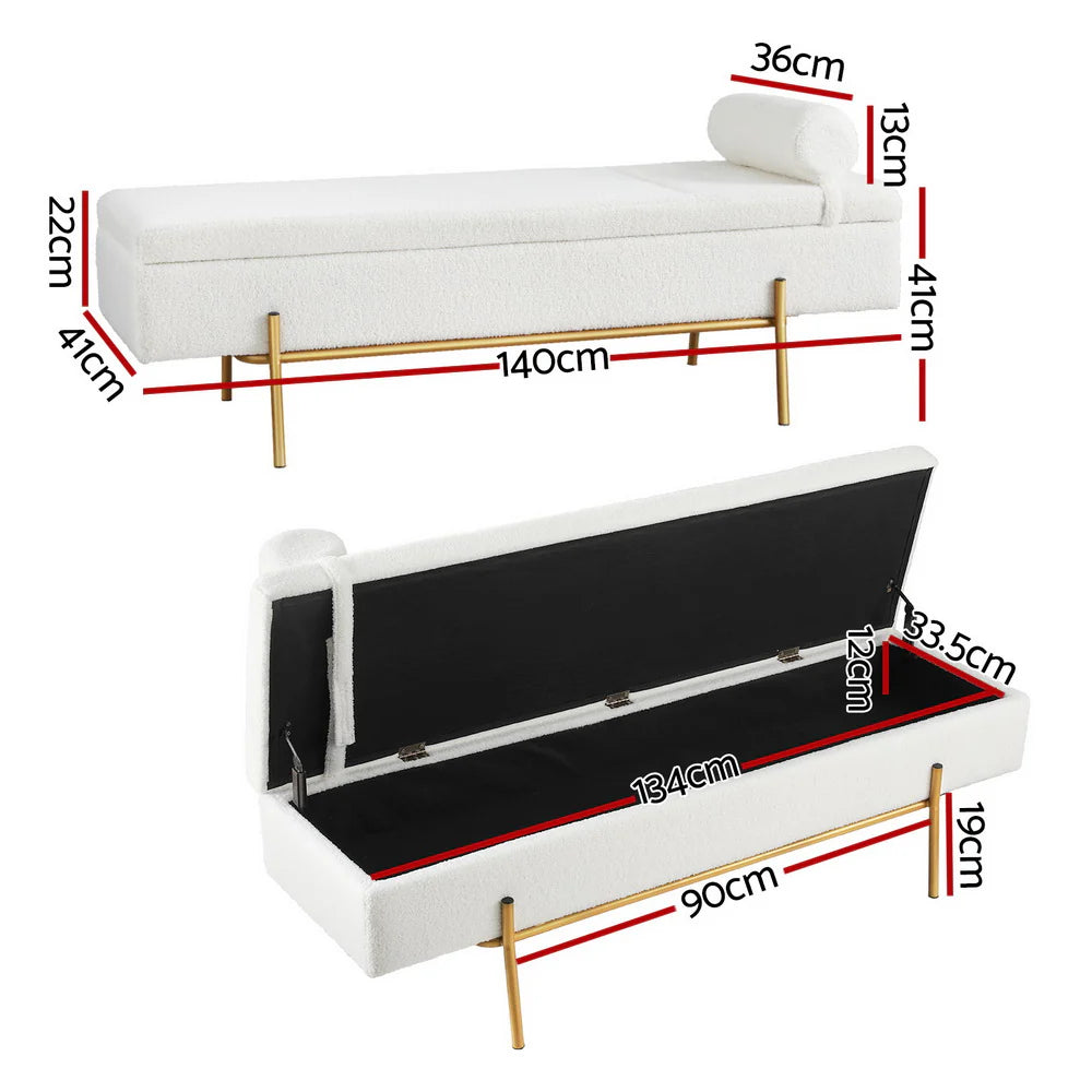 Designer Gold & White Bouclé Storage Ottoman with Pillow