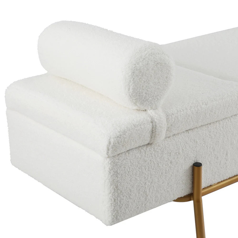Designer Gold & White Bouclé Storage Ottoman with Pillow