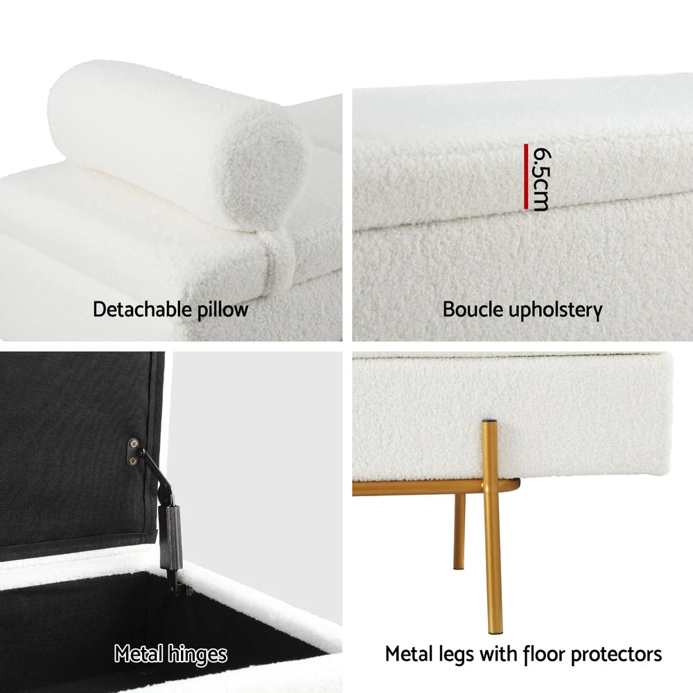 Designer Gold & White Bouclé Storage Ottoman with Pillow