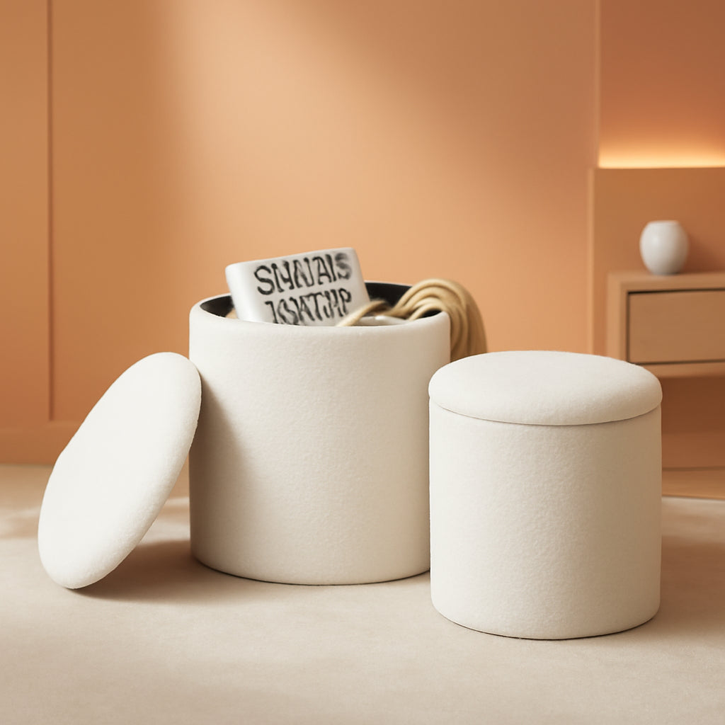 White Round Boucle Velvet Upholstered Storage Ottoman