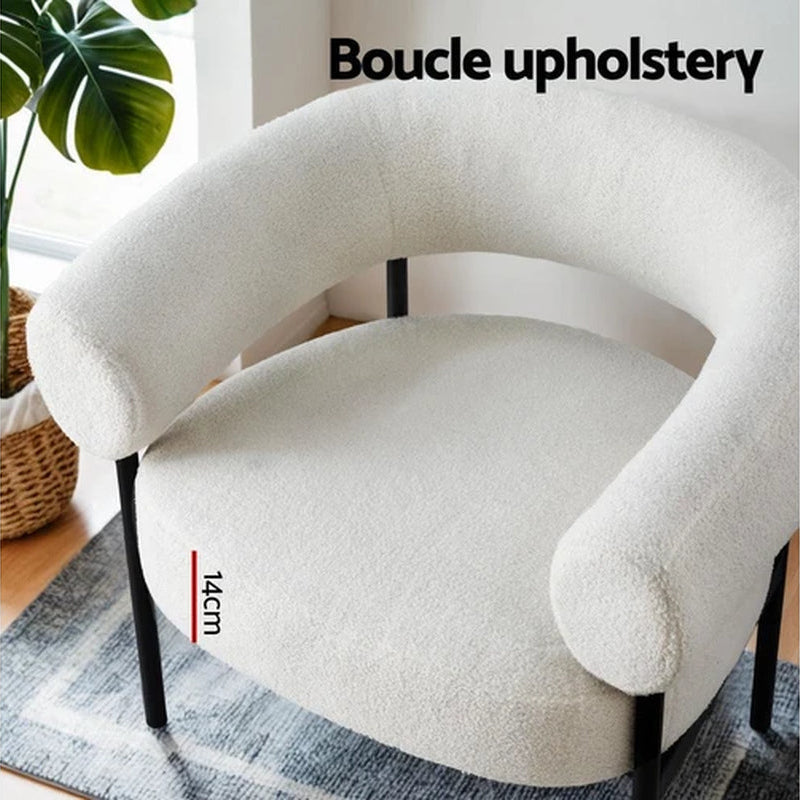 White curved boucle armchair easy assembly modern Australian furniture