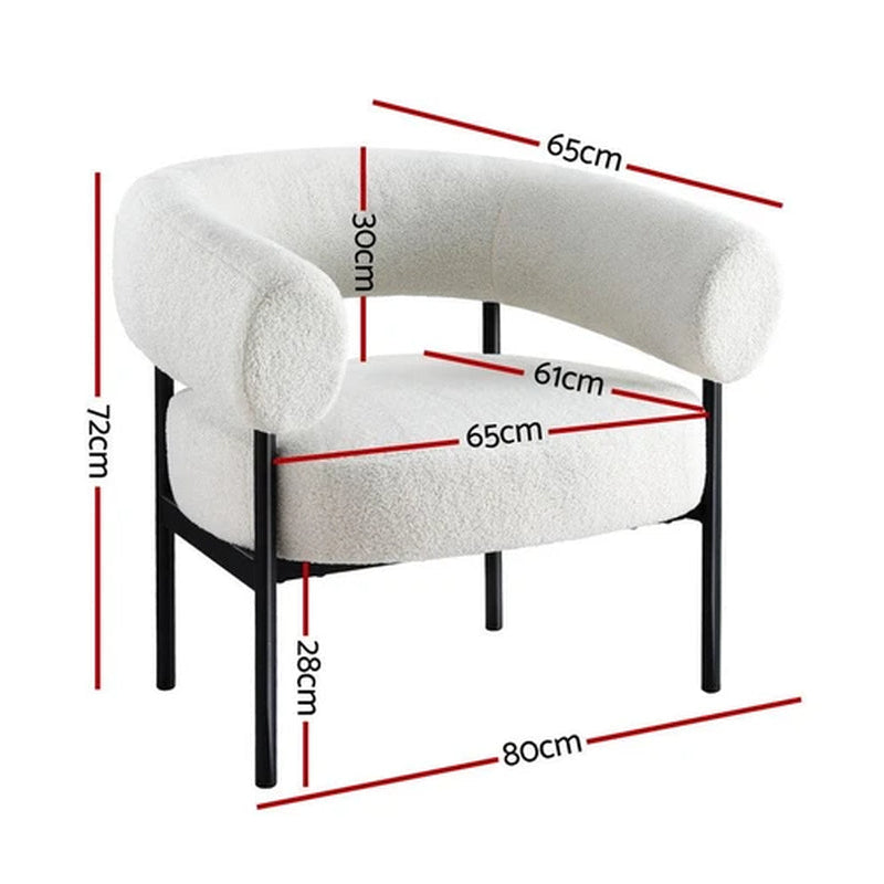 Curved white boucle armchair side angle view metal frame Australia