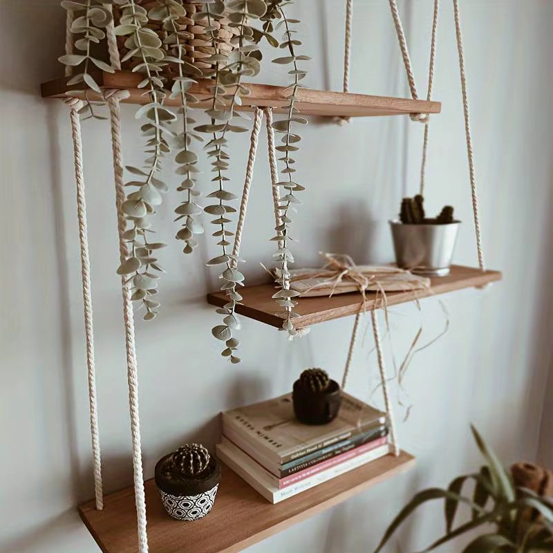 3-Tier Adjustable Wall-Mounted Hanging Shelves – Multi-Functional Macrame Floating Shelves for Plants, Living Room & Bedroom Déc