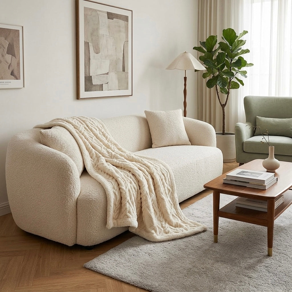 Cream jacquard sherpa weighted blanket draped over armchair modern Australian home