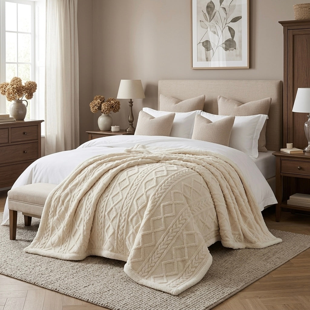 Cream jacquard sherpa weighted blanket draped over bed modern bedroom Australia