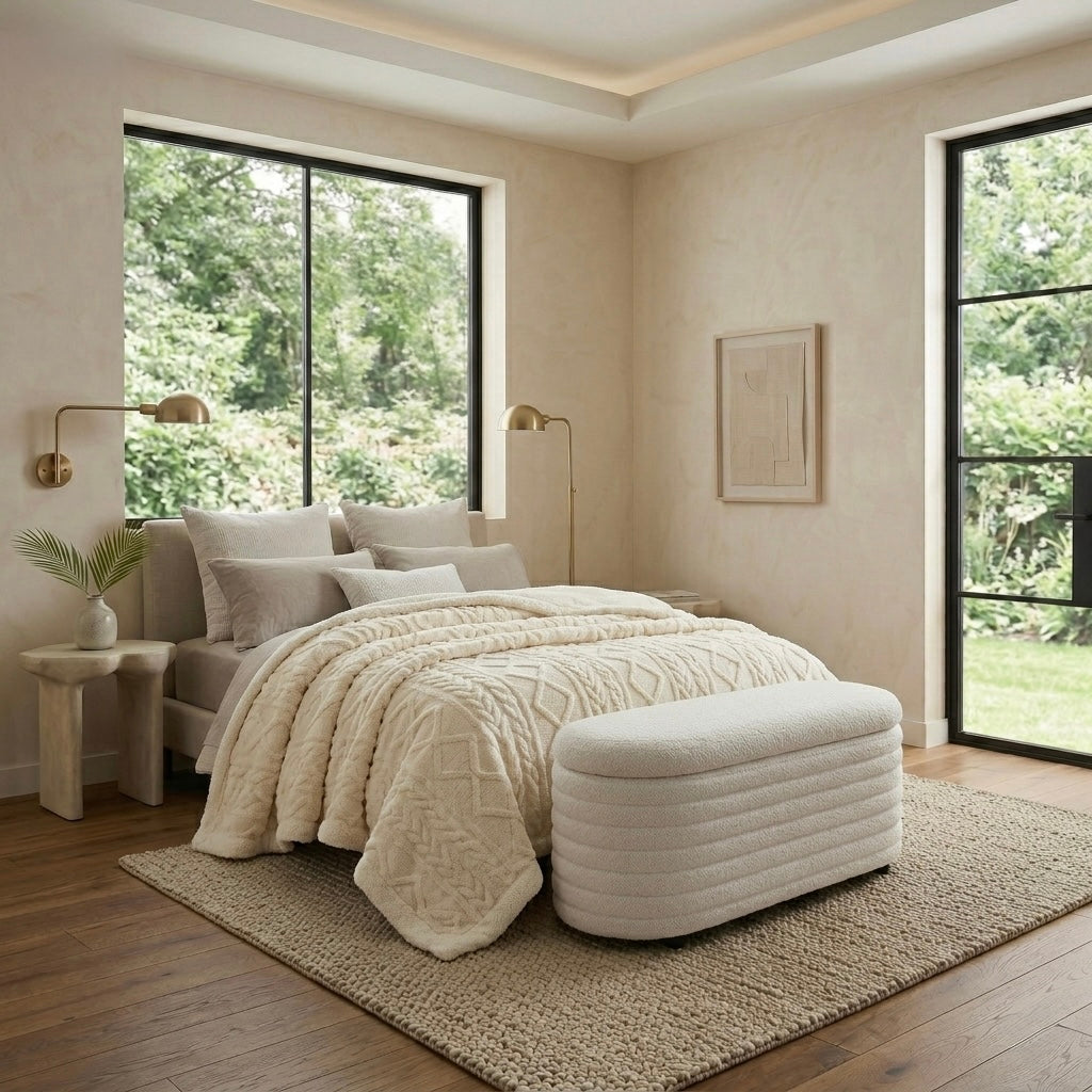 Cream sherpa weighted blanket on sofa with ottoman cosy living room Australia