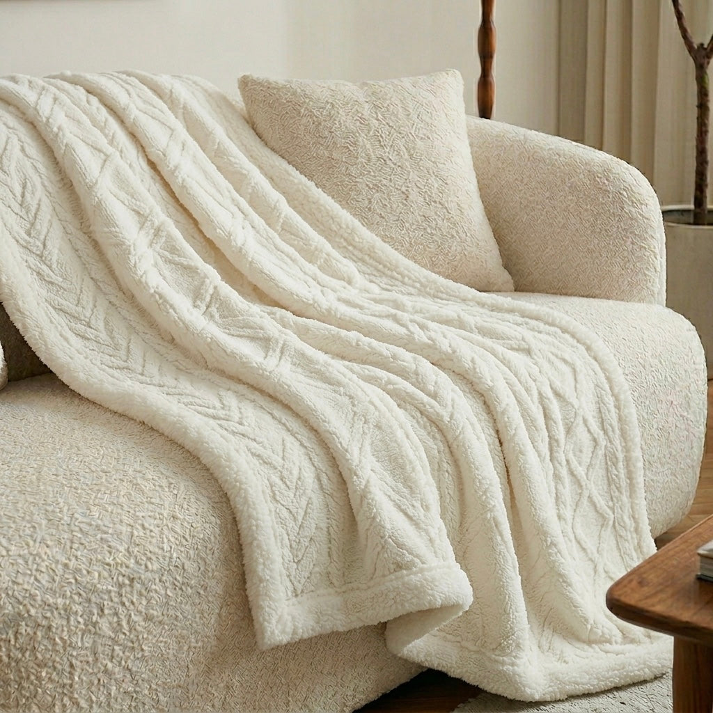 Cream jacquard sherpa weighted blanket close up texture detail on white armchair
