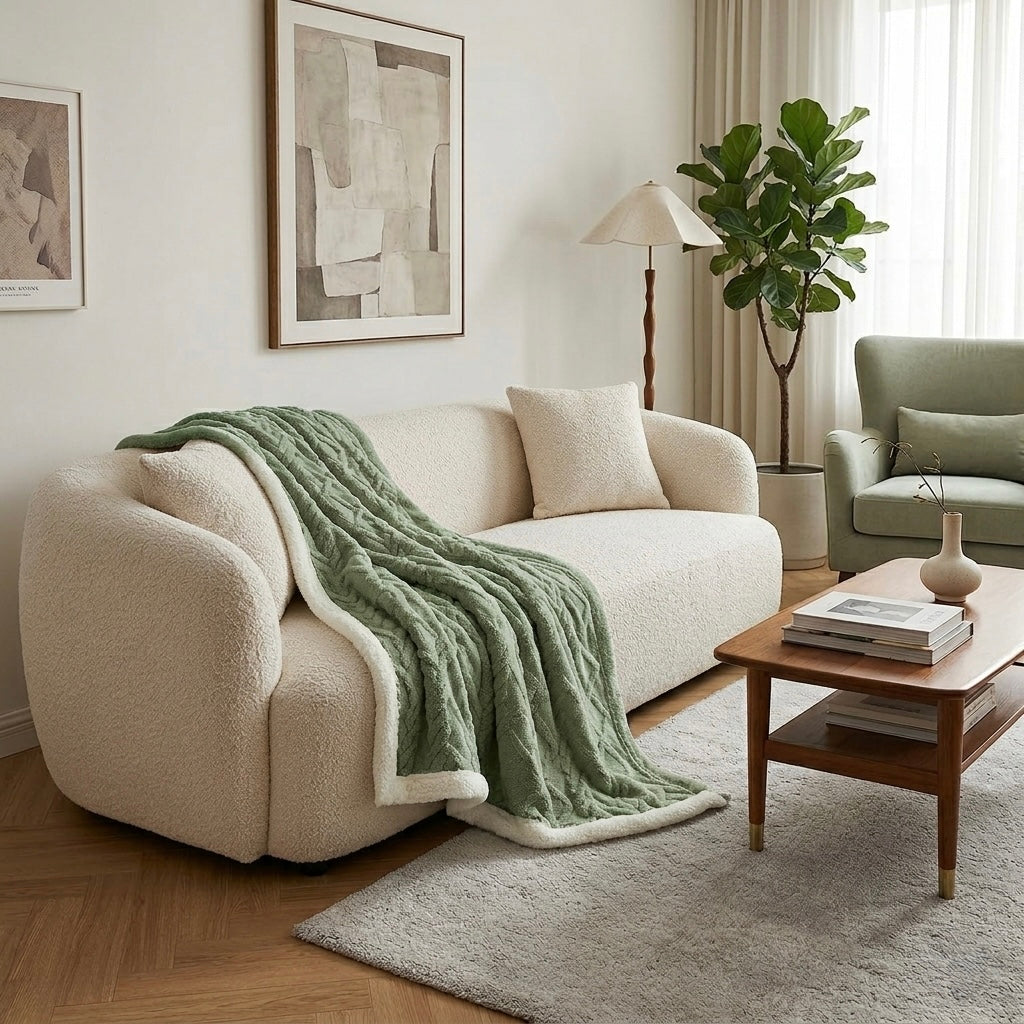 Green jacquard sherpa weighted blanket on white armchair modern Australian home