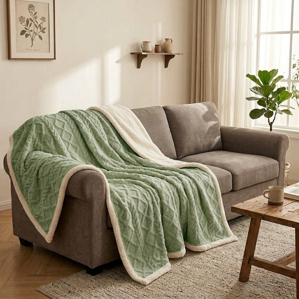 Green sherpa weighted blanket draped over sofa modern living room Australia