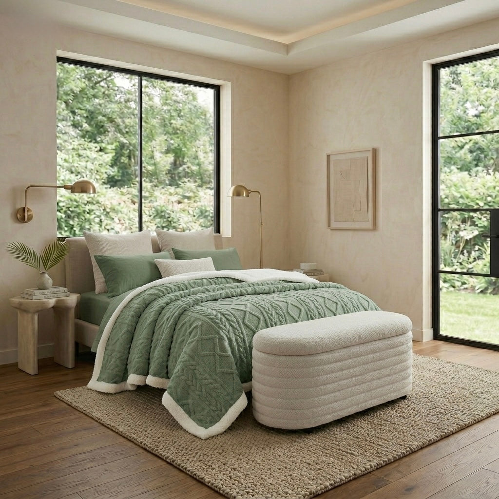 Green sherpa weighted blanket on sofa bright window modern living room Australia
