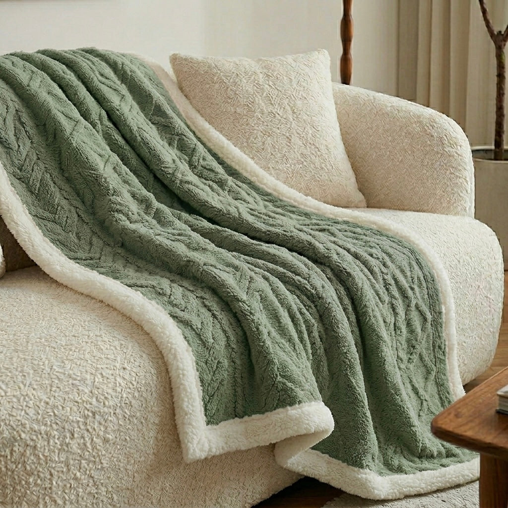 Green jacquard sherpa weighted blanket close up plush texture soft detail