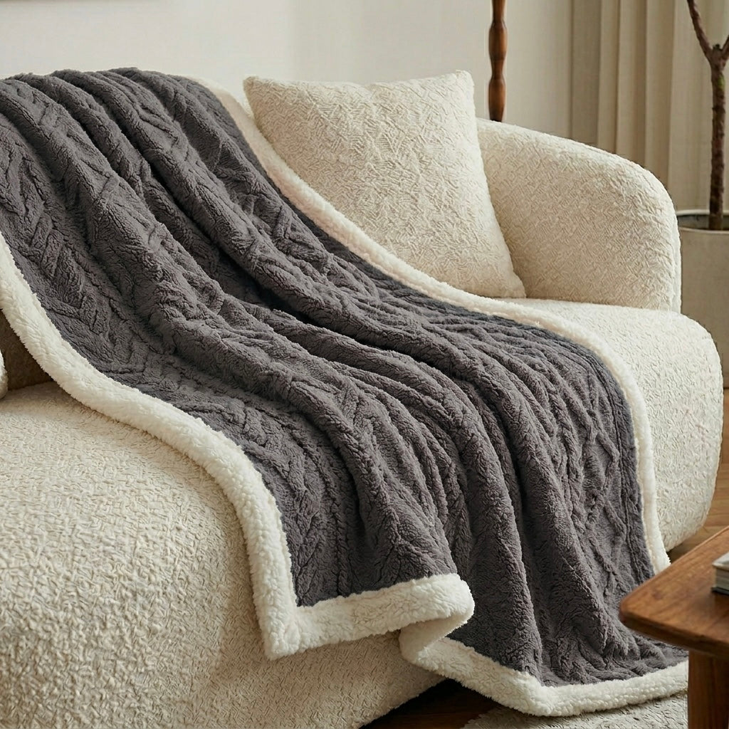 Grey jacquard sherpa weighted blanket draped over dark armchair cosy home