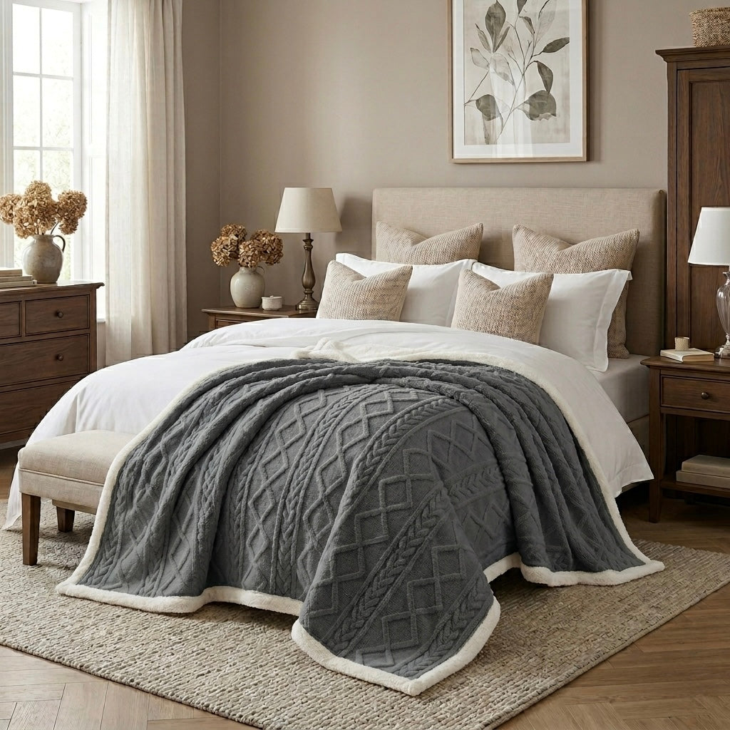 Grey jacquard sherpa weighted blanket draped over bed modern Australian bedroom