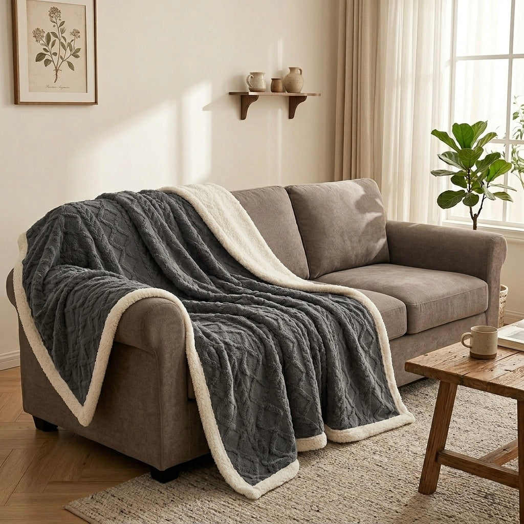 Grey sherpa weighted blanket on sofa modern Australian living room styling