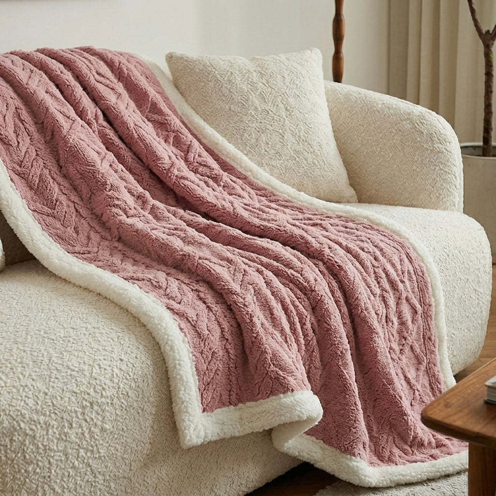 Pink jacquard sherpa weighted blanket draped over armchair modern Australian home